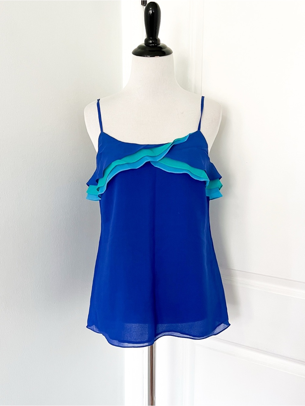 Vintage Express Design Studio Royal Blue Ruffle Silk Cami with Teal Accents - XS